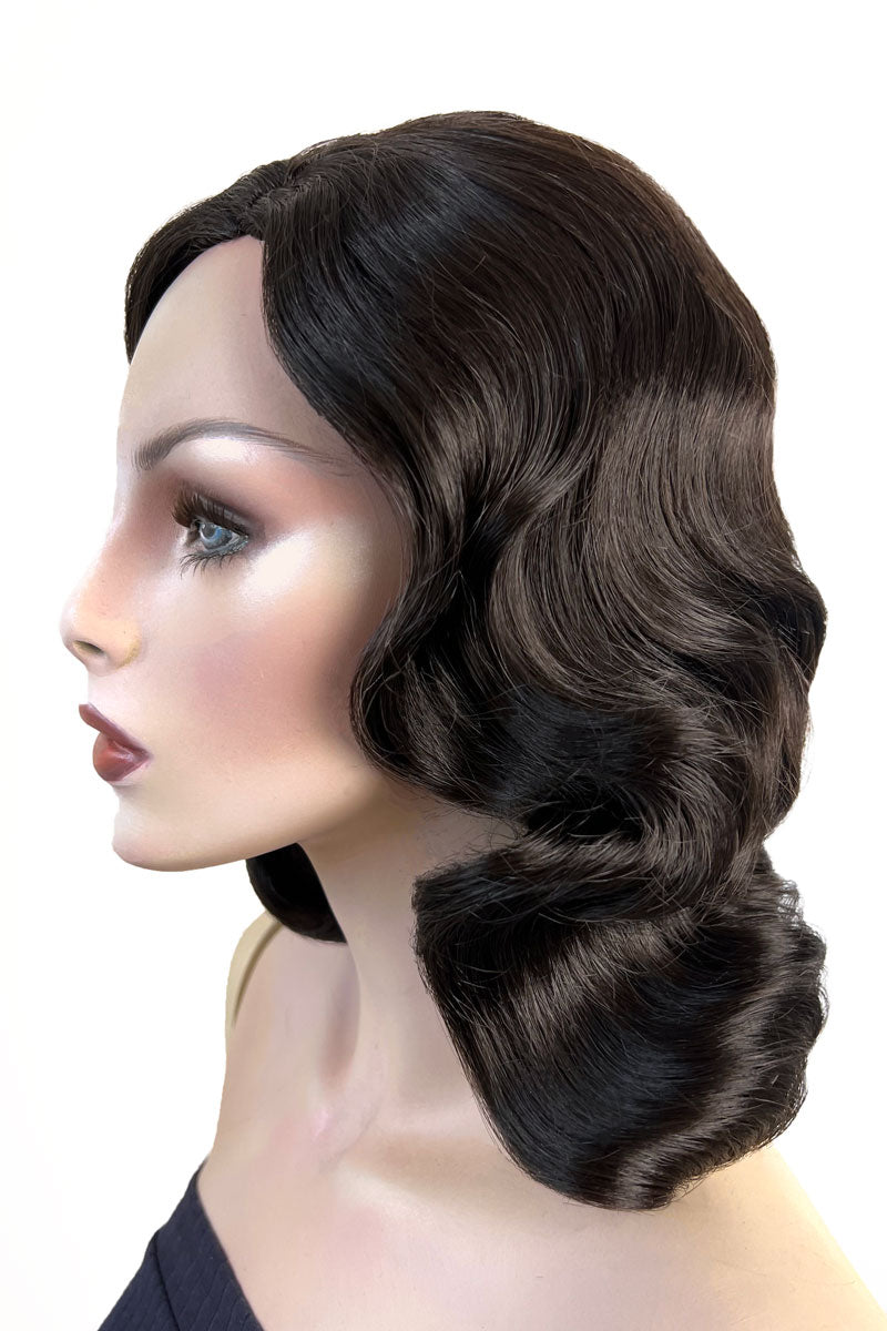 Brown 1940s pinup style wig, with finger waves: Honey dark brown 4