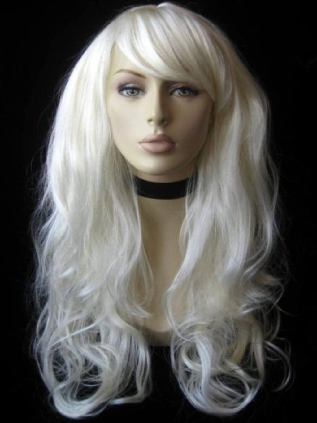 Mannequin head with long blonde wig on a black background. Long Platinum Blonde Wig (White Wig) Loose Curls: Andreana