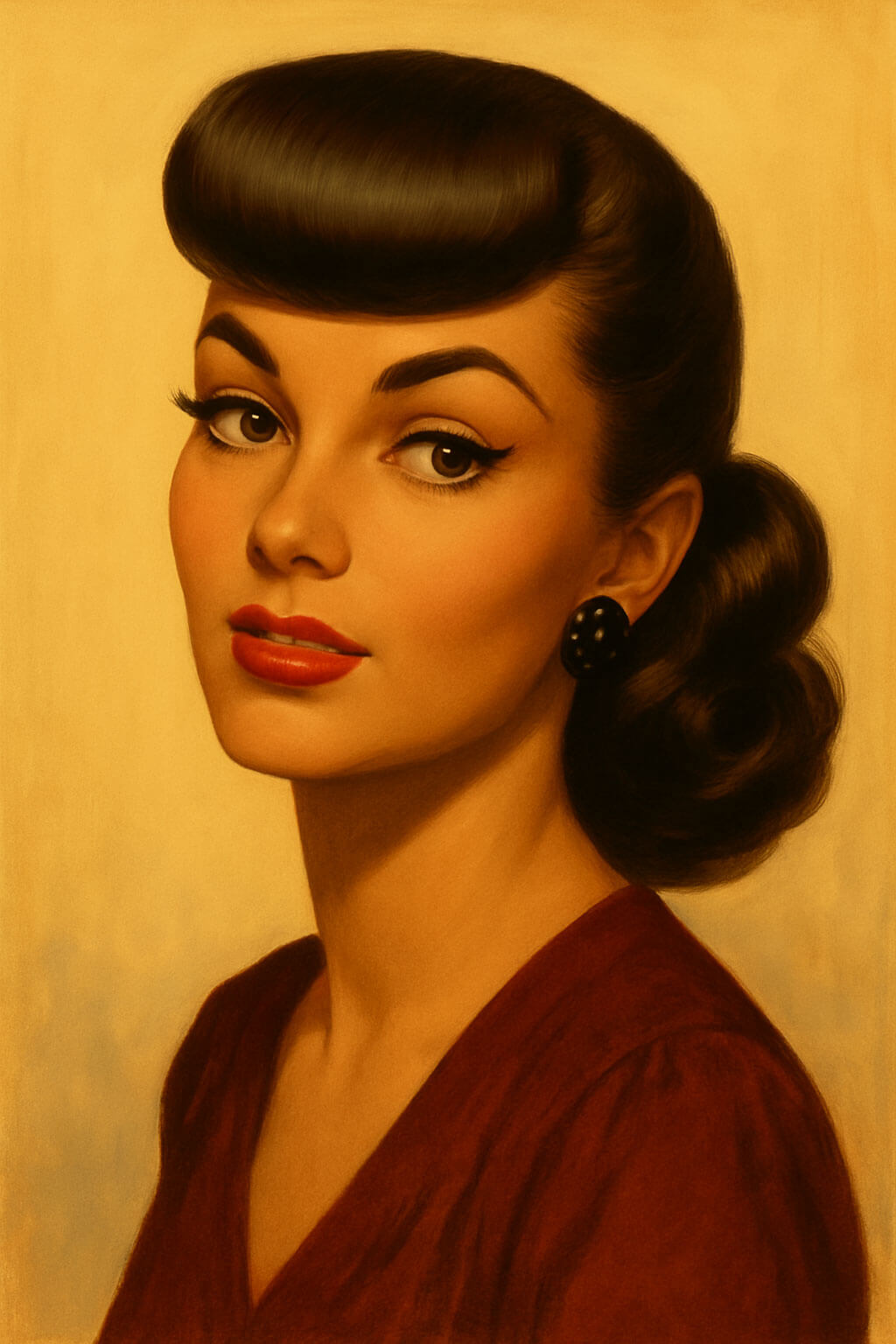 Artistic portrait of a woman with a vintage hairstyle and makeup. Illustration of the Rosa Roll Fringe