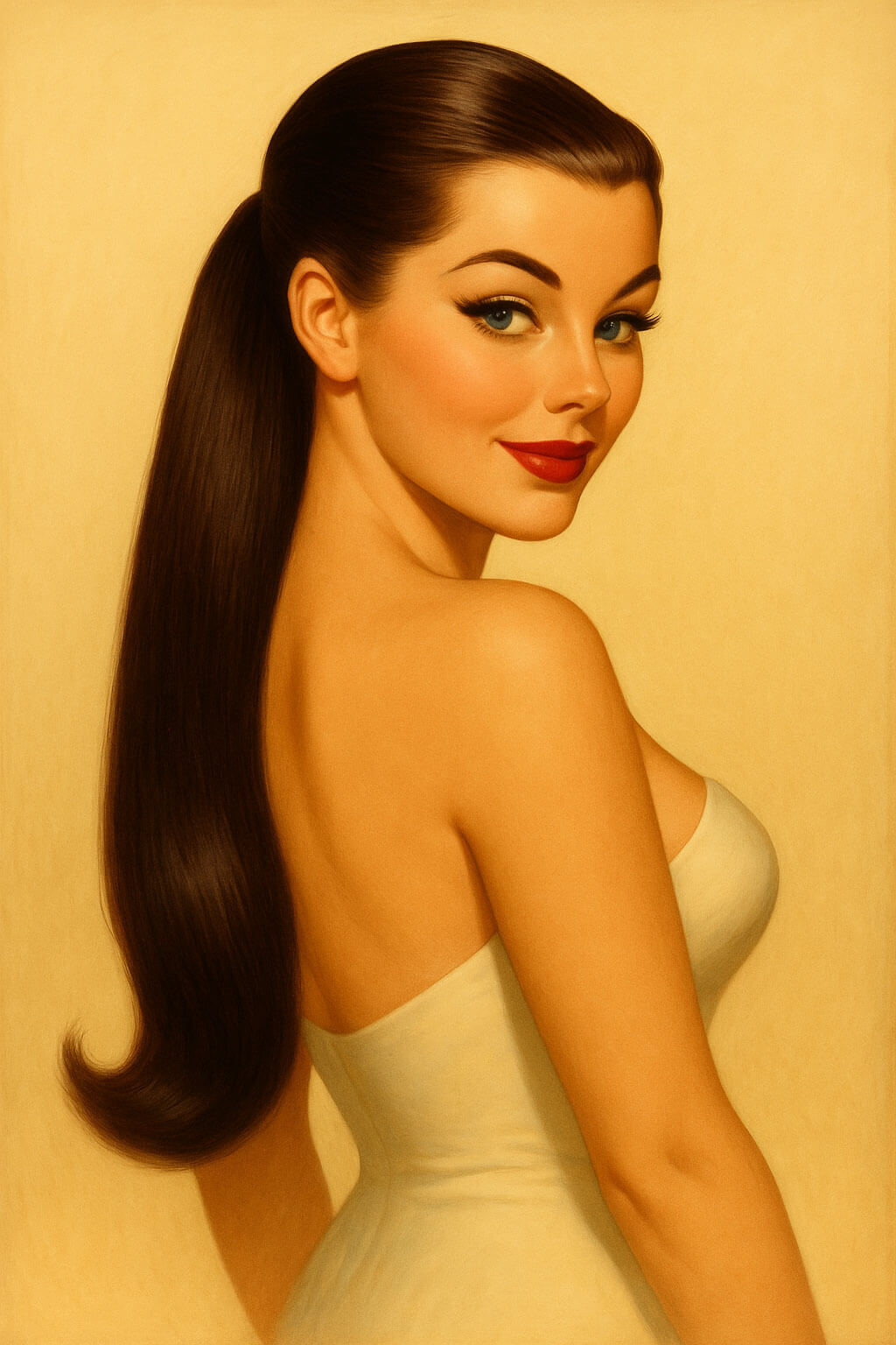 Illustration of woman in a white dress and long ponytail. Illustration of Mali hairpiece.