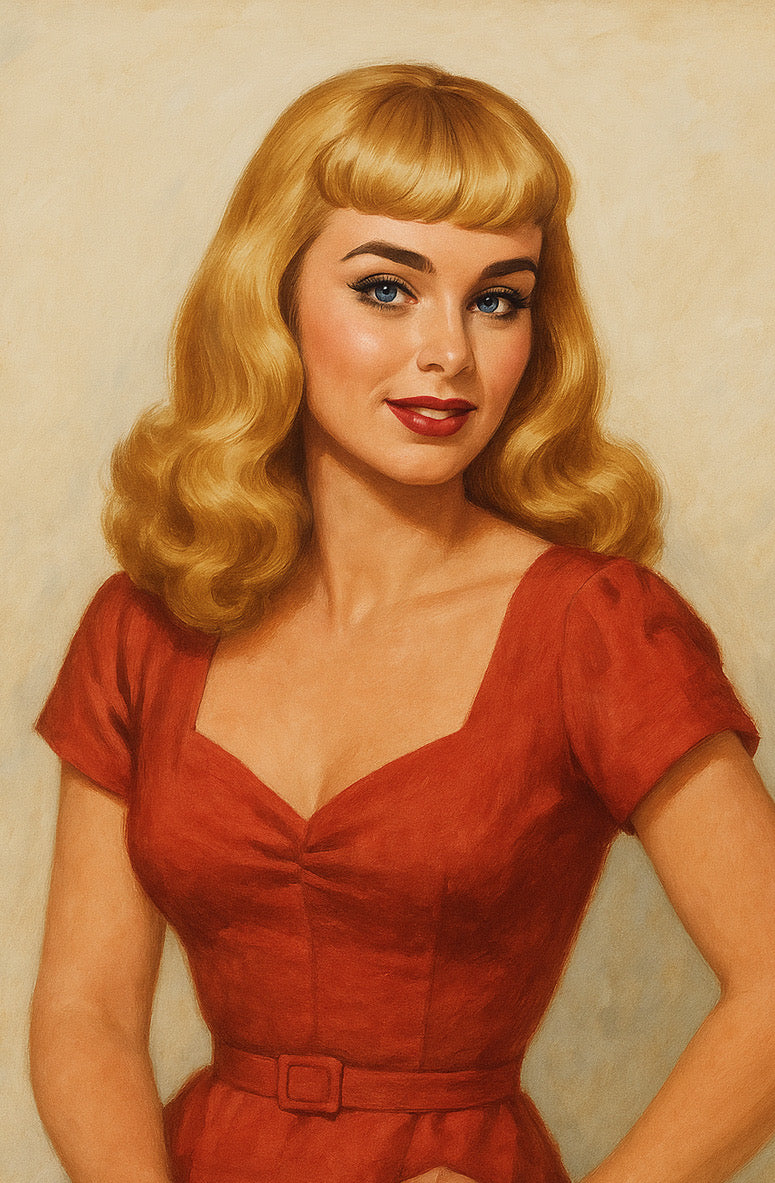 Illustration of  Woman wearing Emmeline wig in a red dress with a plain background