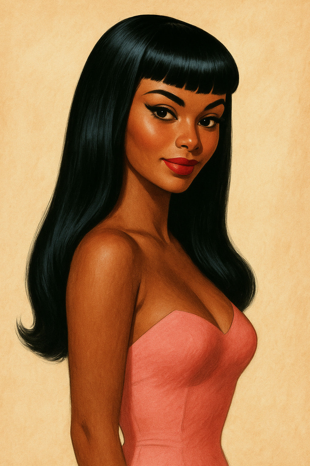 Illustration of a woman with black Maxine wig and a pink dress on a beige background