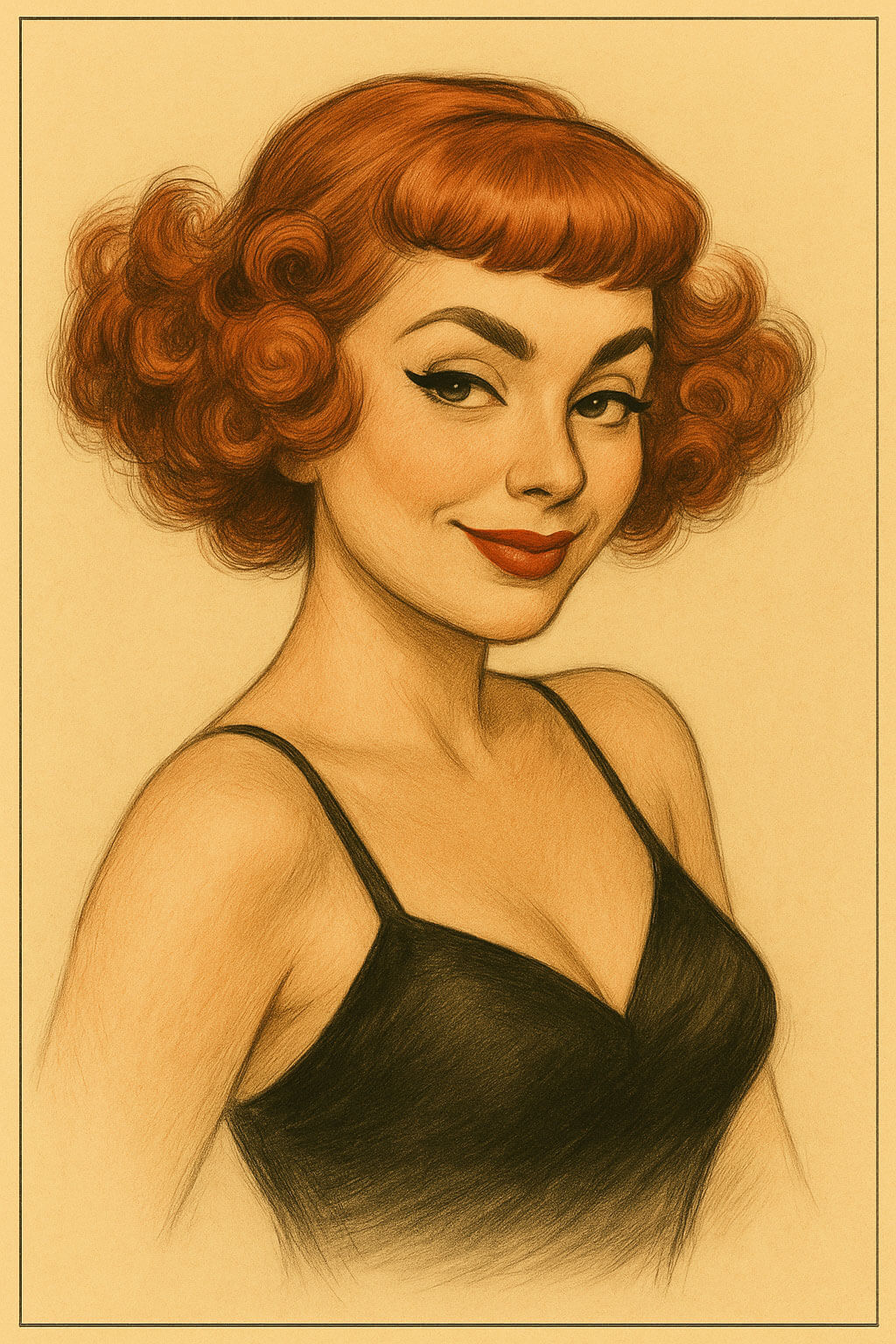 Illustration of a woman with red hair and a black top on a beige background. A short red, auburn and blonde mix vintage style wig with waves: Solana