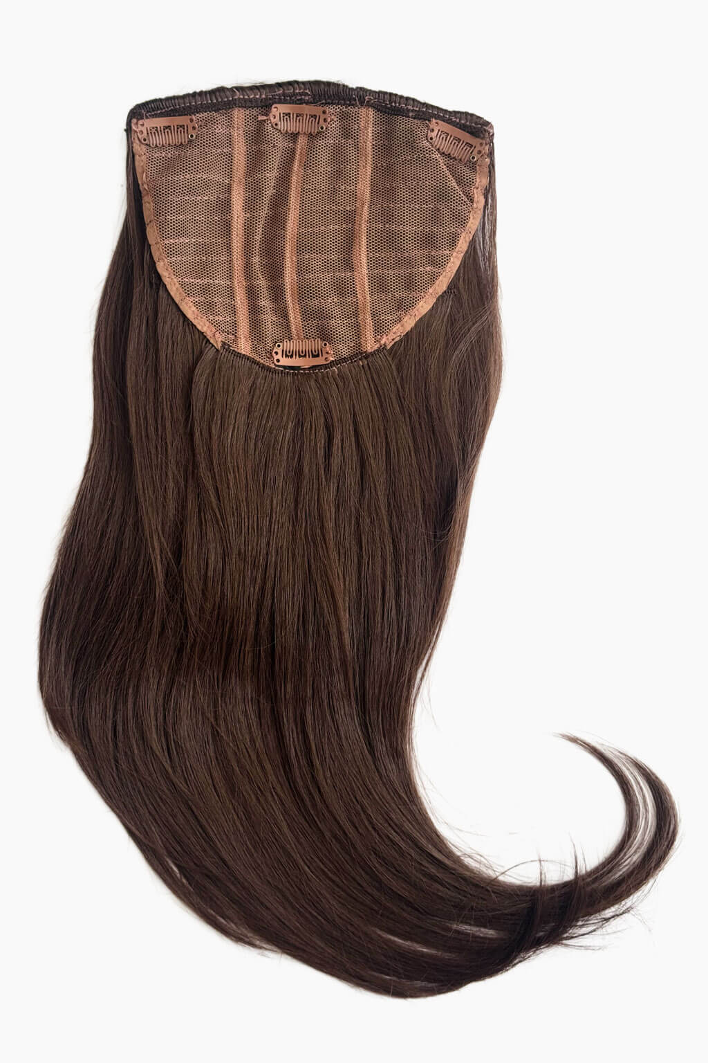 Brown hair extension on a white background. Volume and Height Booster Hairpiece: Blaise chestnut brown 8