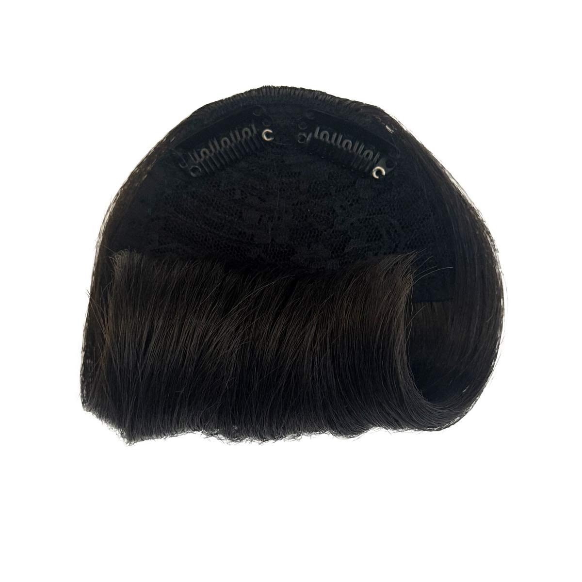 Black hairpiece on a white background. Black hairpiece on a white mannequin head against a white background. Victory roll fringe/bangs hairpiece, 1950s vintage style: Rosa dark brown 4