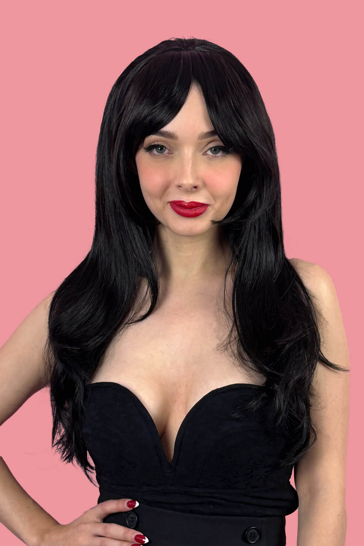 Clip in fringe hairpiece/clip-in curtain bangs, with long, face framing wisps: Sabrina black 1B