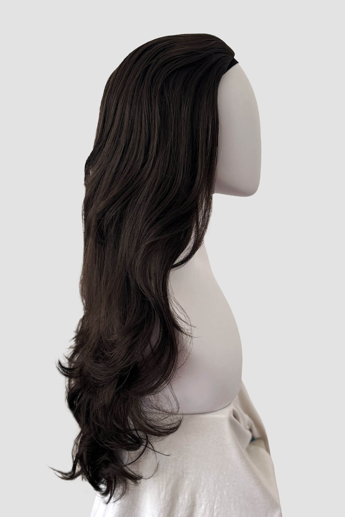 Dark brown half wig on a mannequin. Chelsea - Super Full Volume, Extra Long Loose Curls Brown  Half Wig dark brown 4
