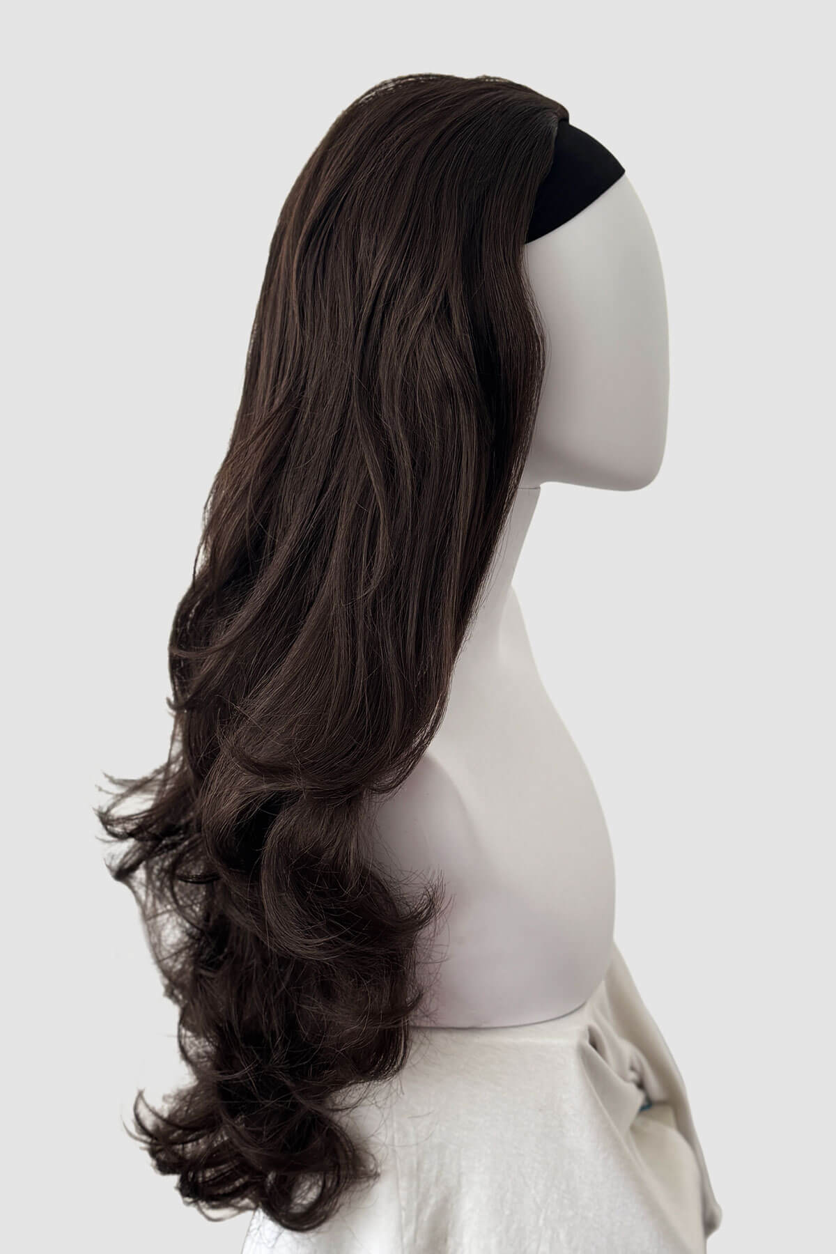 Long brown wig on a mannequin head against a white background. Chelsea - Super Full Volume, Extra Long Loose Curls Brown  Half Wig dark chocolate brown 6
