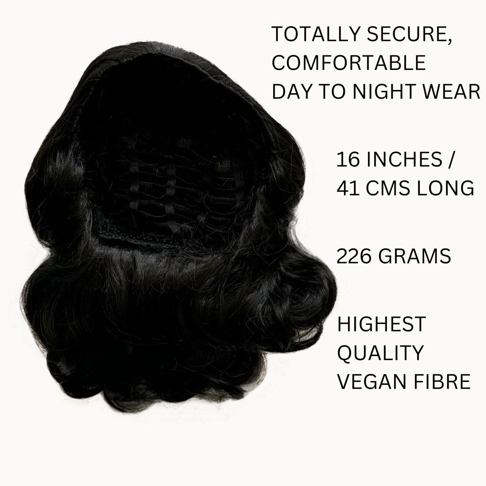 1950s style shoulder length half wig hairpiece with beautiful vintage waves: Onyx colour black 1B