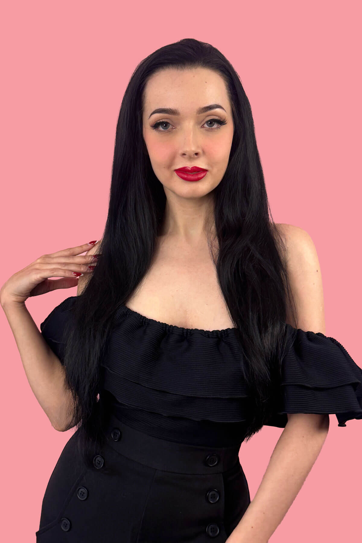 Women with long, straight, black hair. Straight black half wig hairpiece extension (3/4 wig): Theda