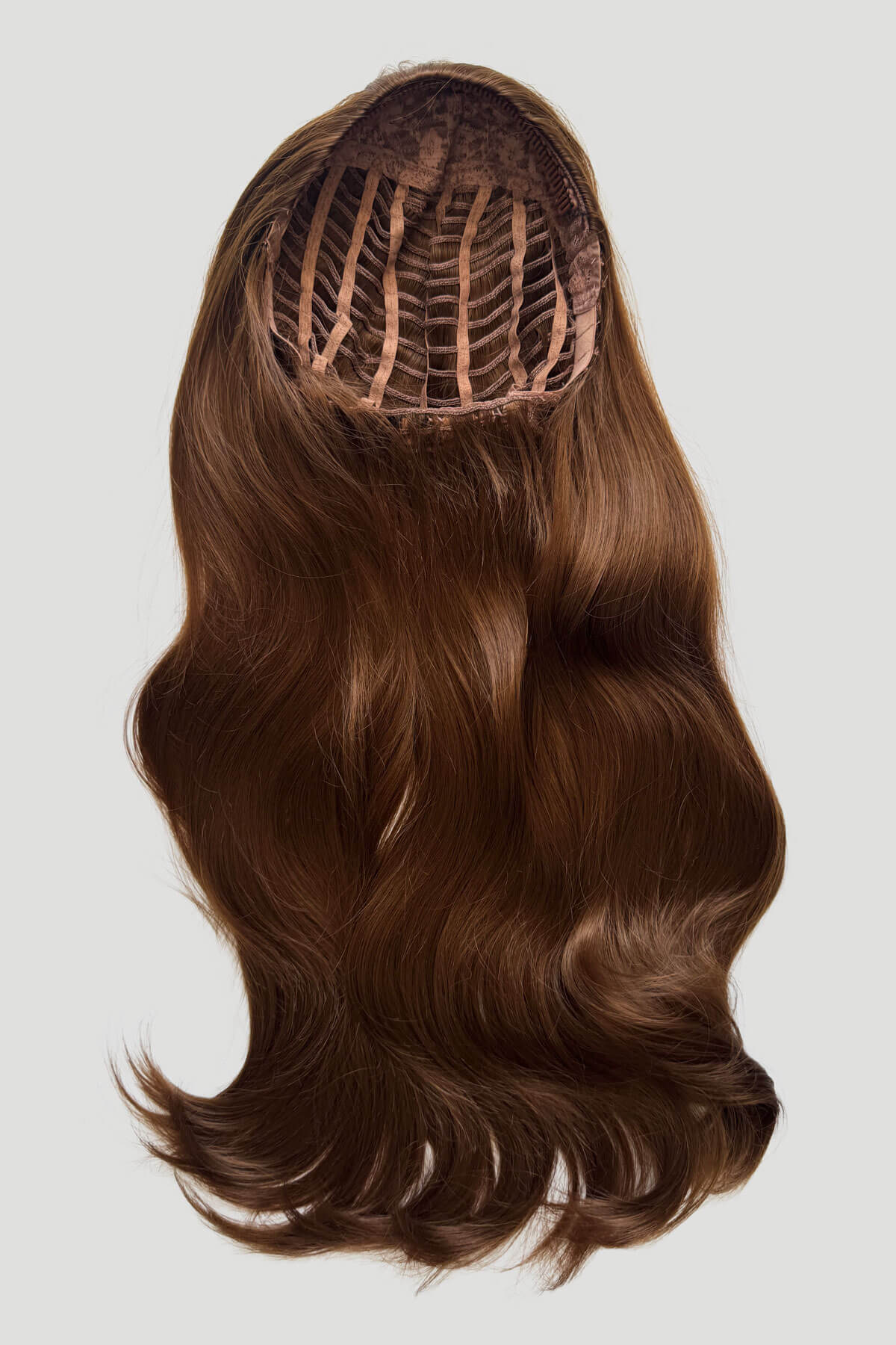 Long, light brown wig on a plain background. Kate - Heat Styleable Extra Long, Gentle Wave Half Wig  dark light brown 12