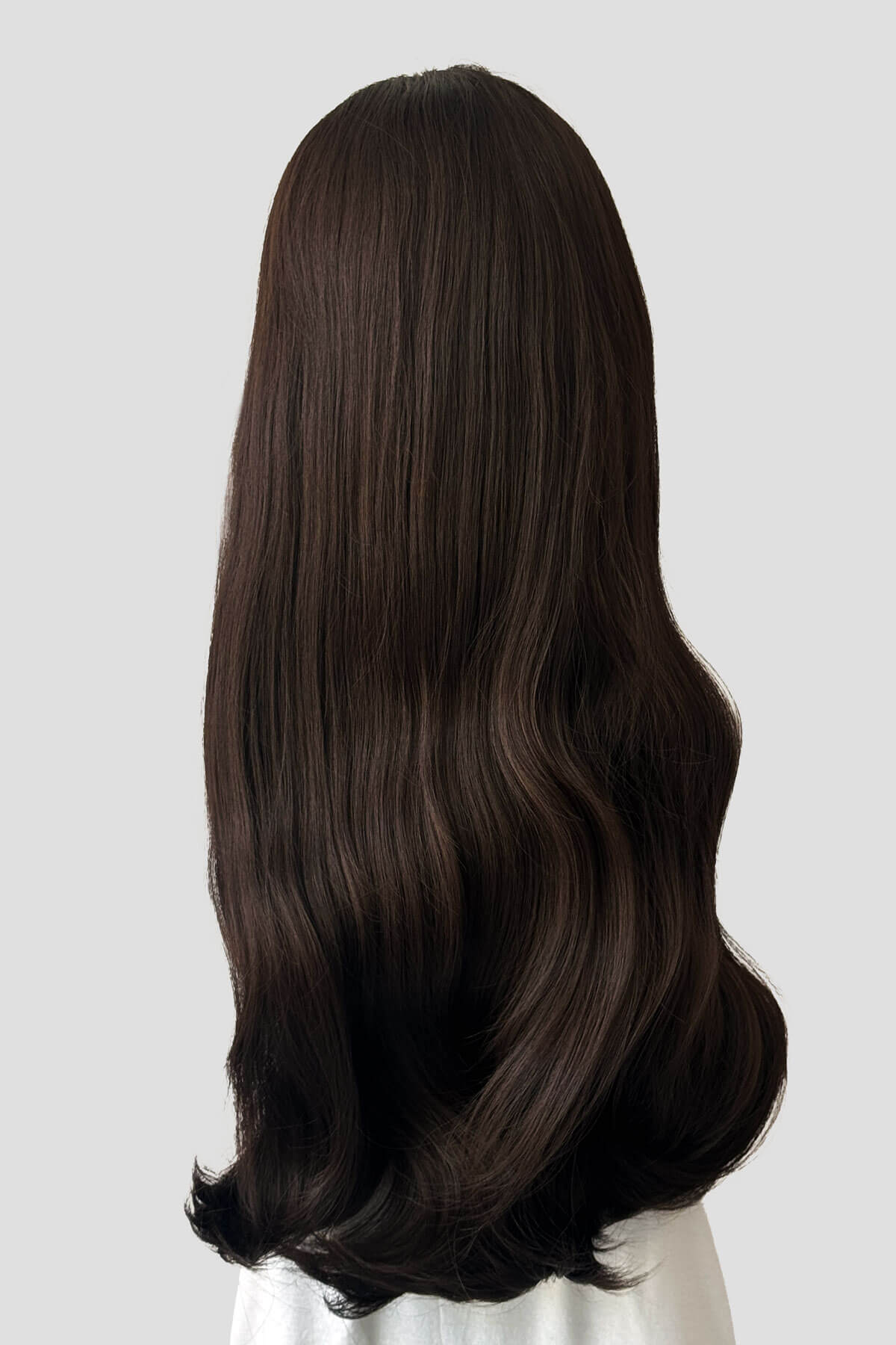 Long, dark brown wig on a plain background. Kate - Heat Styleable Extra Long, Gentle Wave Half Wig  dark chocolate brown 6