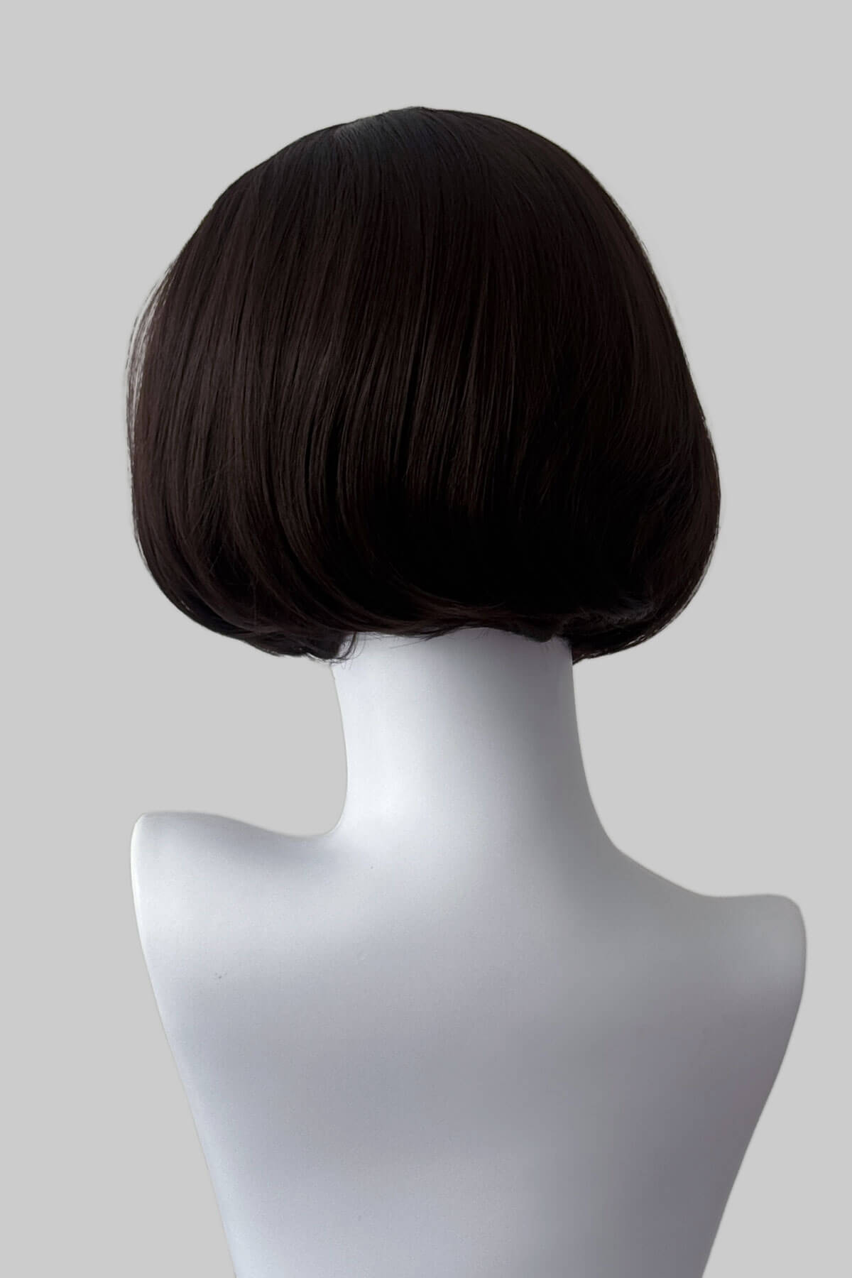 Dark brown bob  half wig on a mannequin head against a plain background. Bob half wig hairpiece, Flexihair: Amelie chocolate brown 6