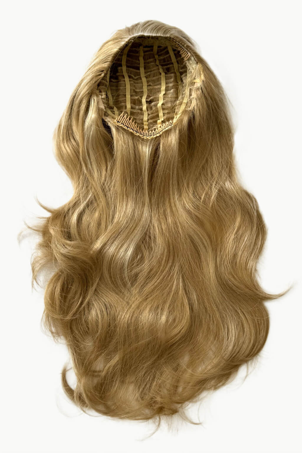 A long, wavy blonde wig with a black headband, displayed on a white mannequin head against a plain white background. Blonde half wig hairpiece (3/4 wig), loose curls: Suki blonde 24H613