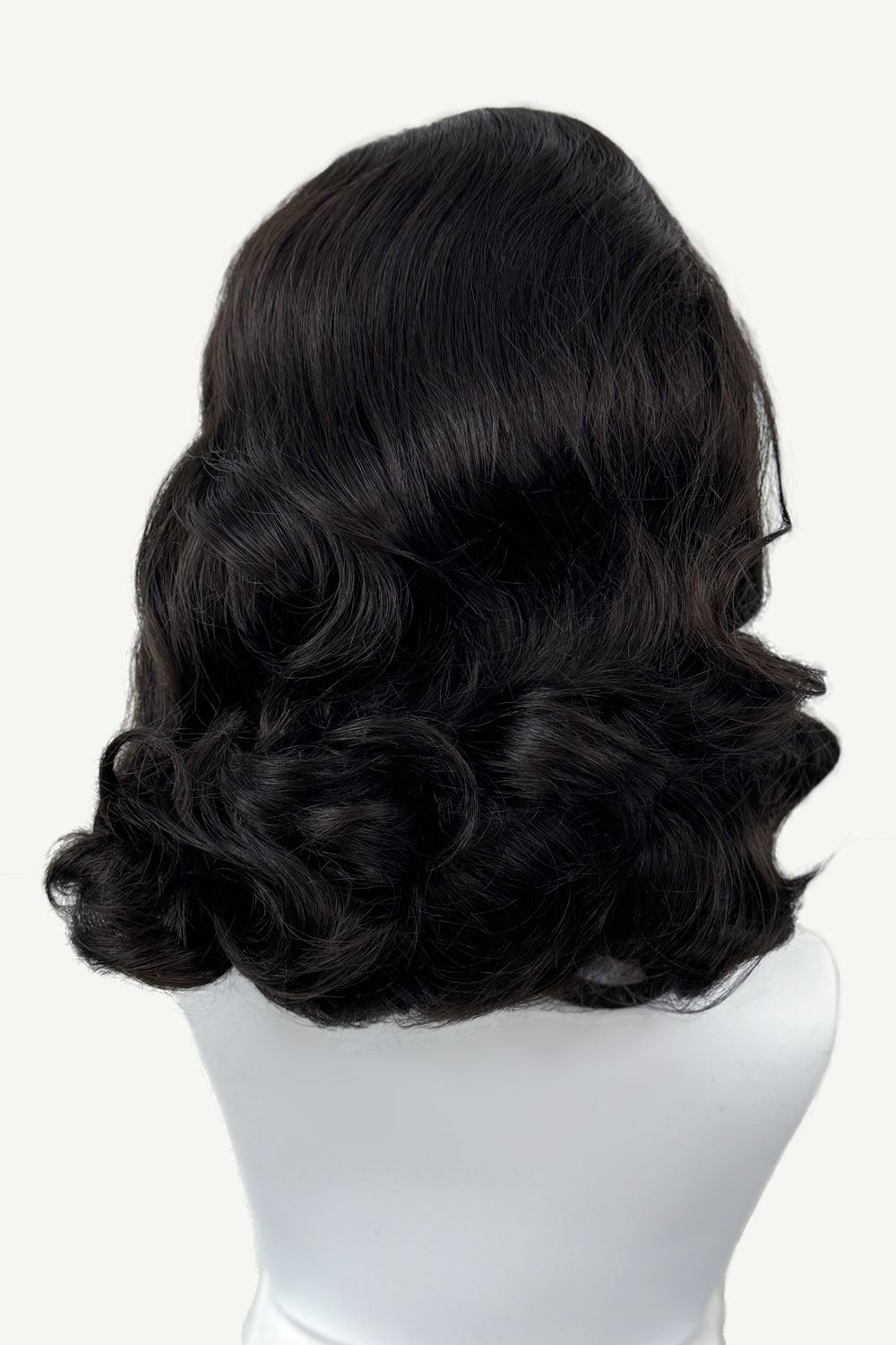 1950s style shoulder length half wig hairpiece with beautiful vintage waves: Onyx dark brown 4 from the back