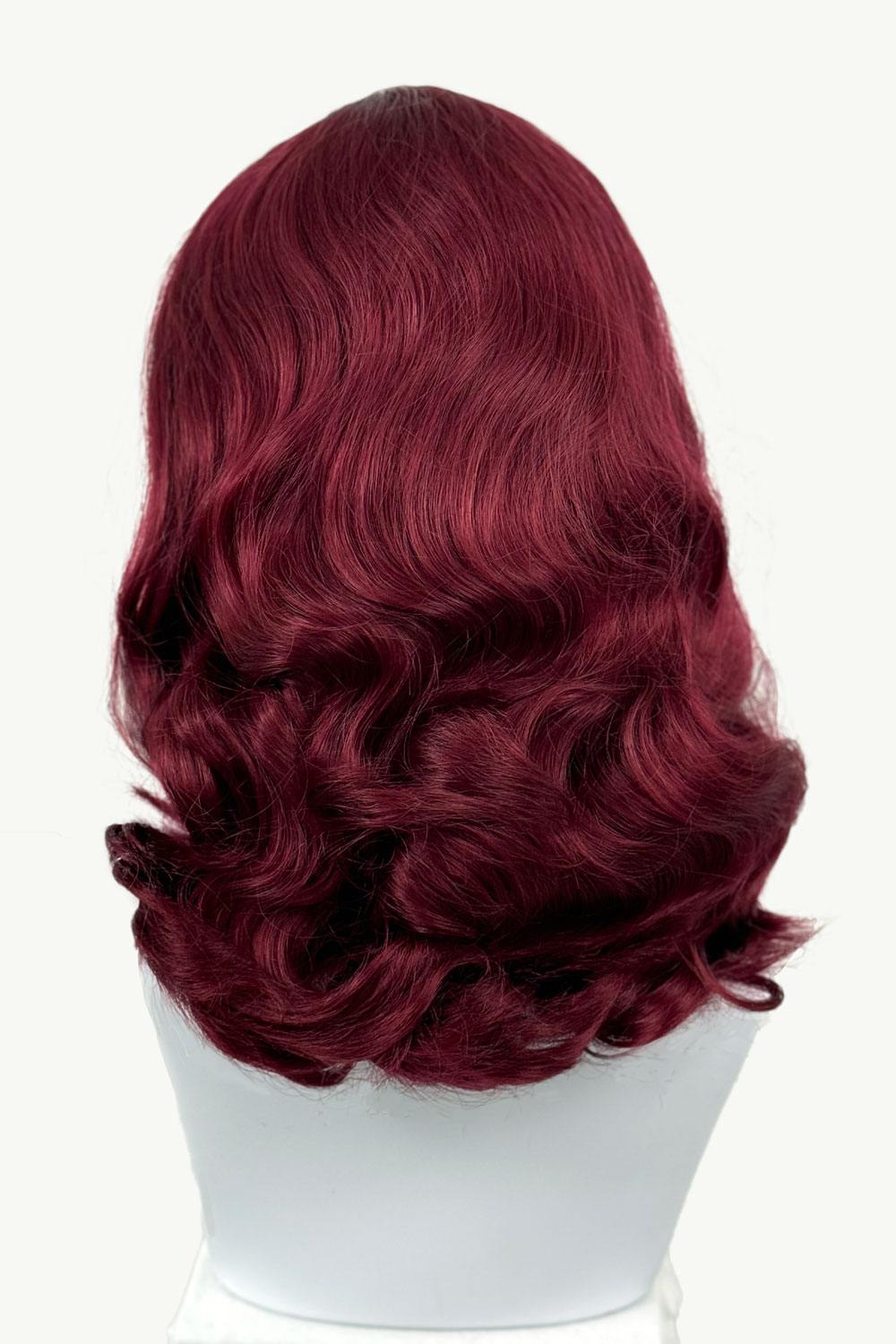 1950s style shoulder length half wig hairpiece with beautiful vintage waves: Onyx cherry red 39 from the back