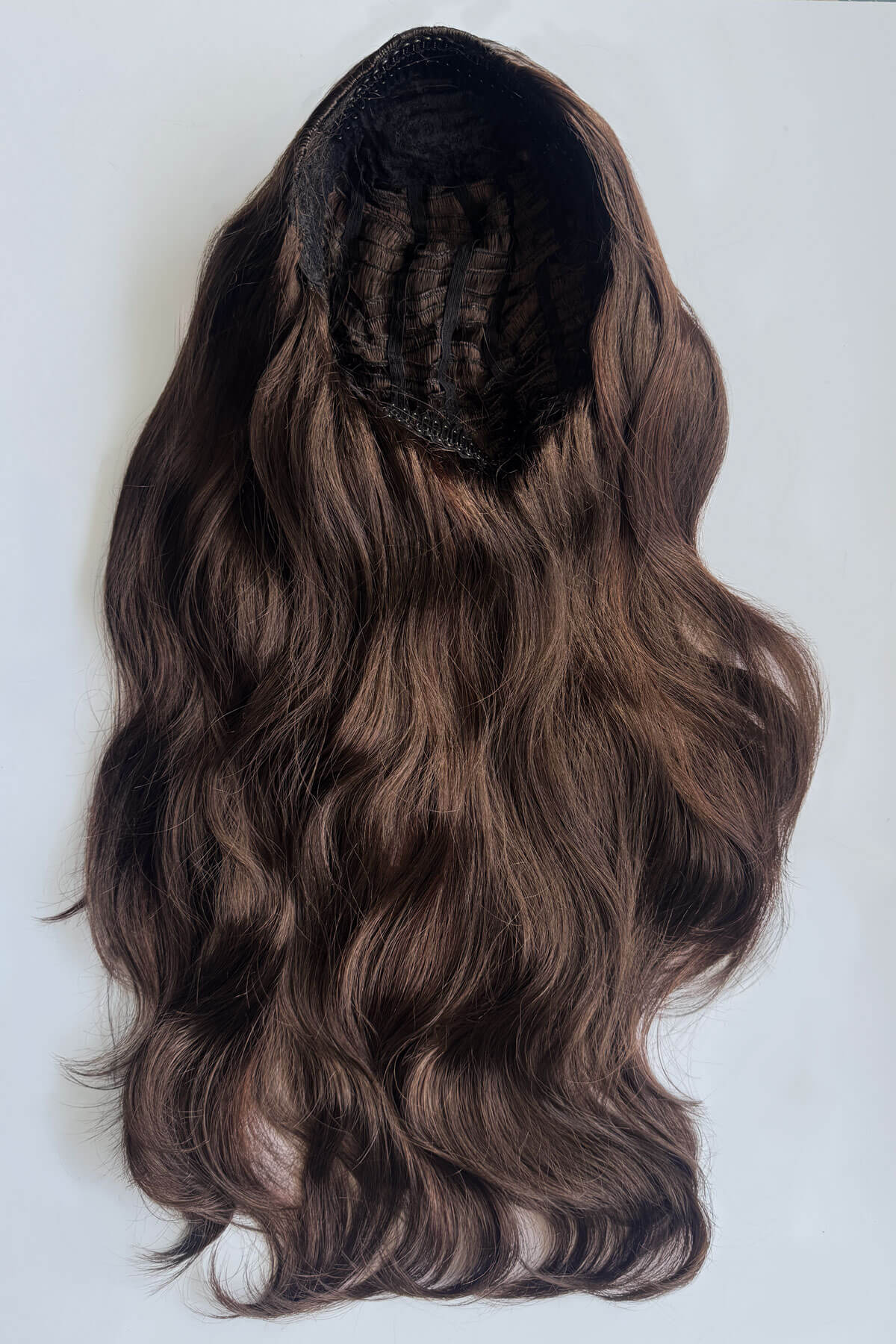 A long, wavy wig with dark reddish brown and light brown highlights, displayed against a plain white background. Corrine - Bouncy Blowout style with Volume Booster Half Wig dark reddish brown 6/33