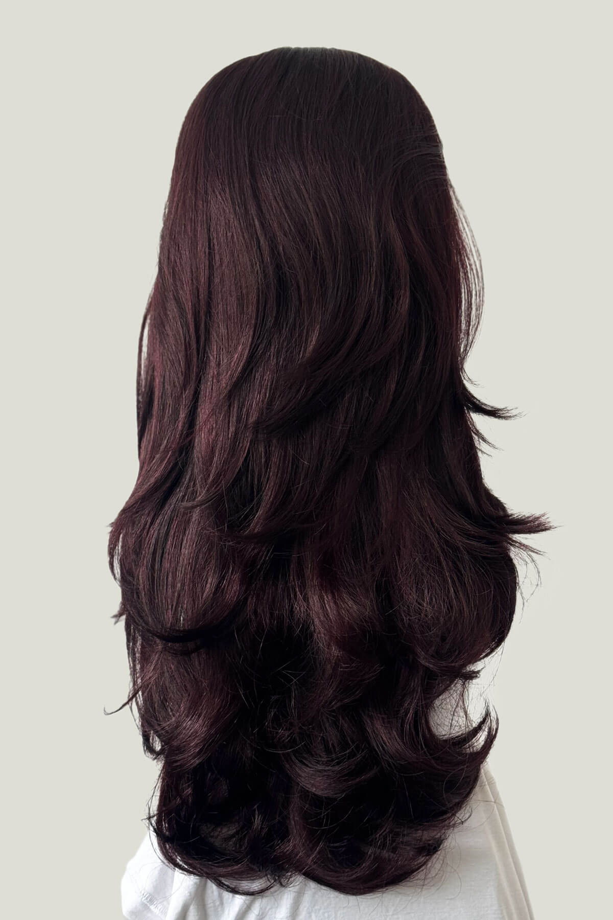 Long, dark brown wig on a white background.  High crown long, layered half wig and volume ring: Helena black and purple 99J