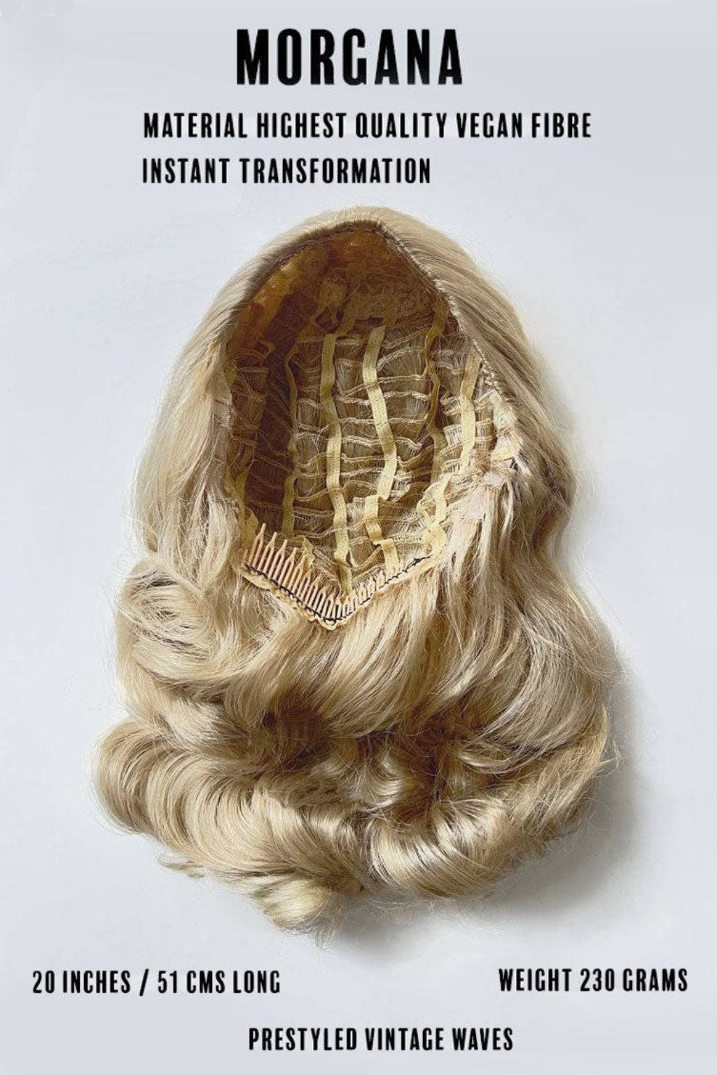 Blonde wig with a lace front on a white background, featuring text about material and features. 1950s style half wig hairpiece with beautiful waves: Morgana