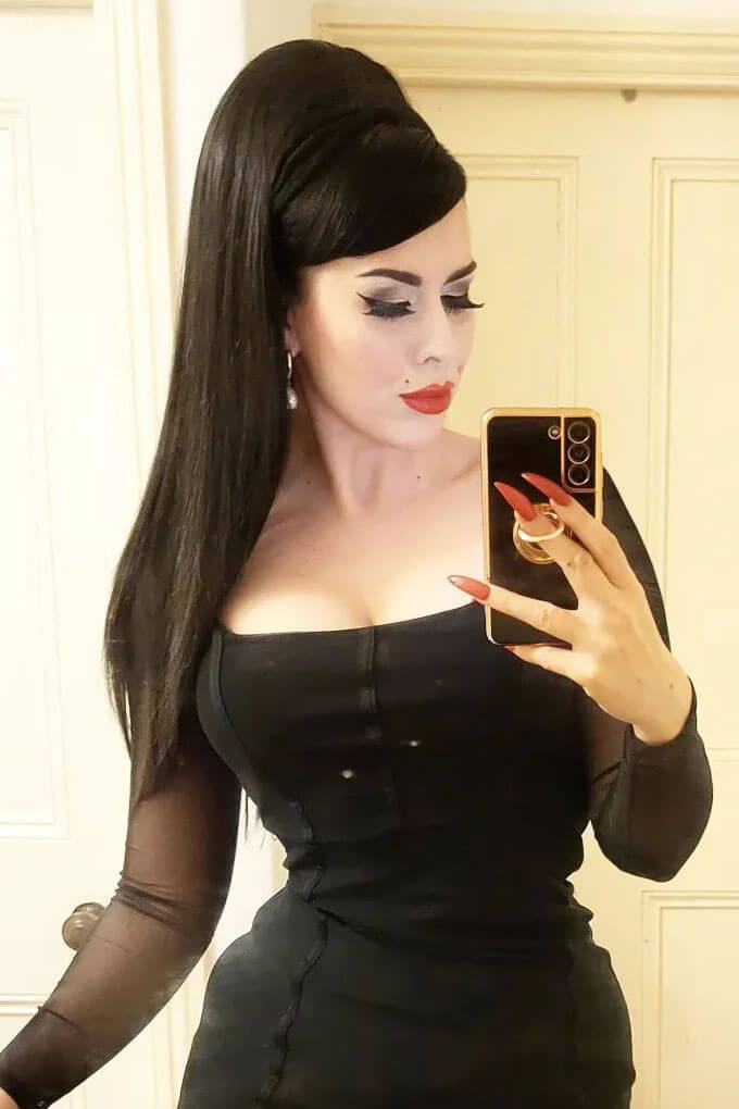 1960s style hair, high crown long straight half wig: Andrea black 1B