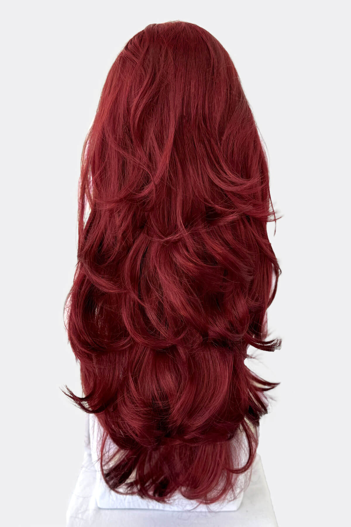 Red wig on a white background.  Red half wig hairpiece (3/4 wig), gentle curls: Ivy copper red and wine red 350-39