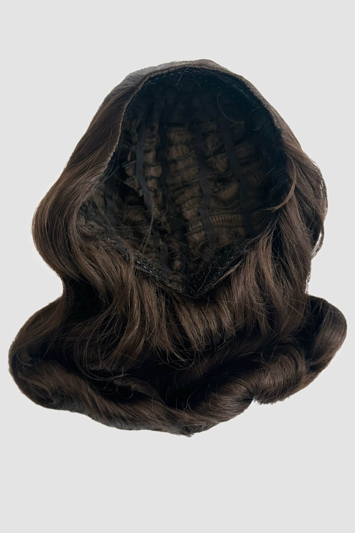 Brown wig on a white background. 1940s style half wig hairpiece with beautiful marcel waves: Virginia dark brown 6