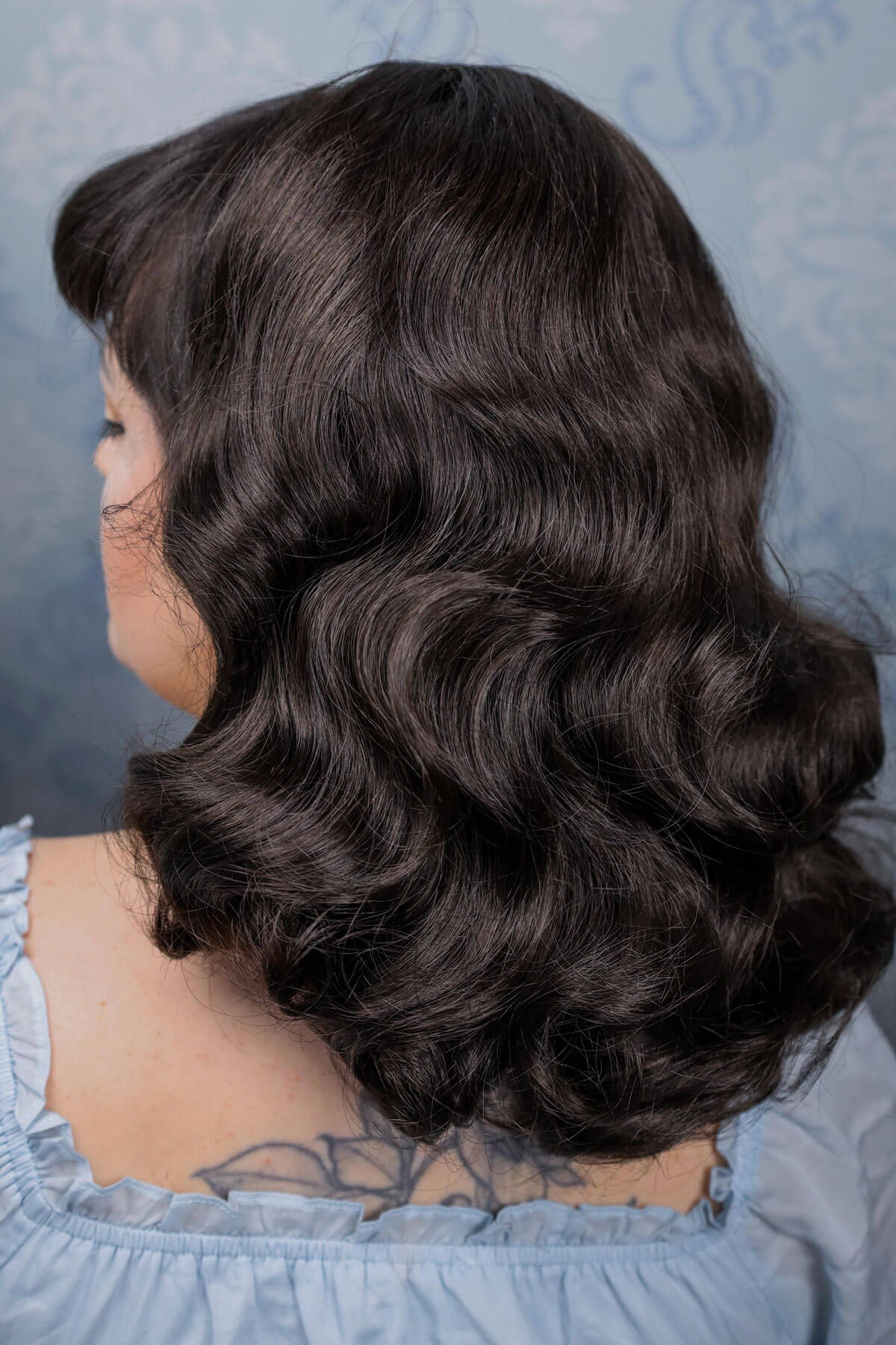 Pinup style half wig hairpiece with beautiful marcel waves: Virginia chestnut brown 8