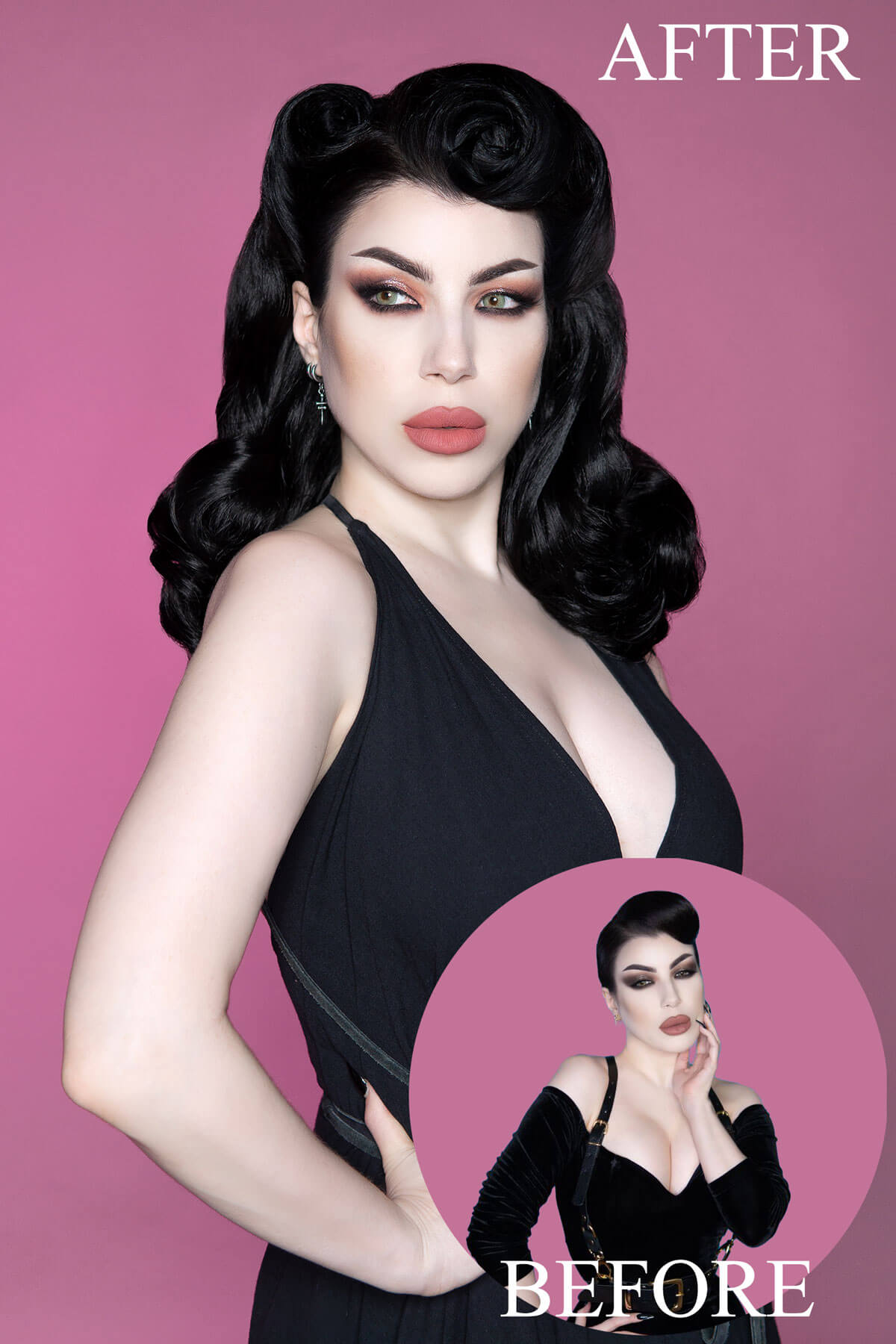 Woman in a black dress with a pink background. half wig Onyx1950s style shoulder length half wig hairpiece with beautiful vintage waves: Onyx chestnut brown 8