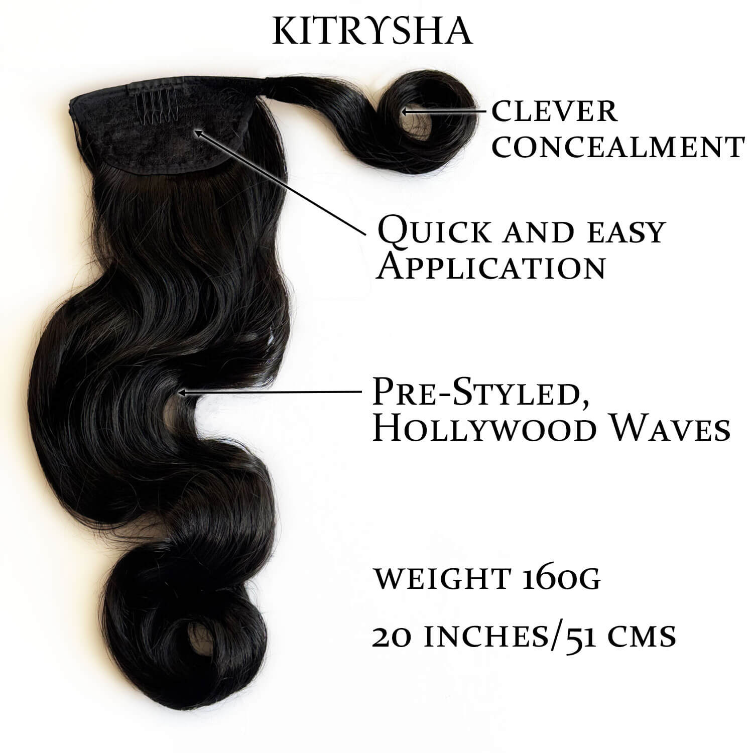 Long ponytail hairpiece with vintage waves: Kitrysha - Black 1B 