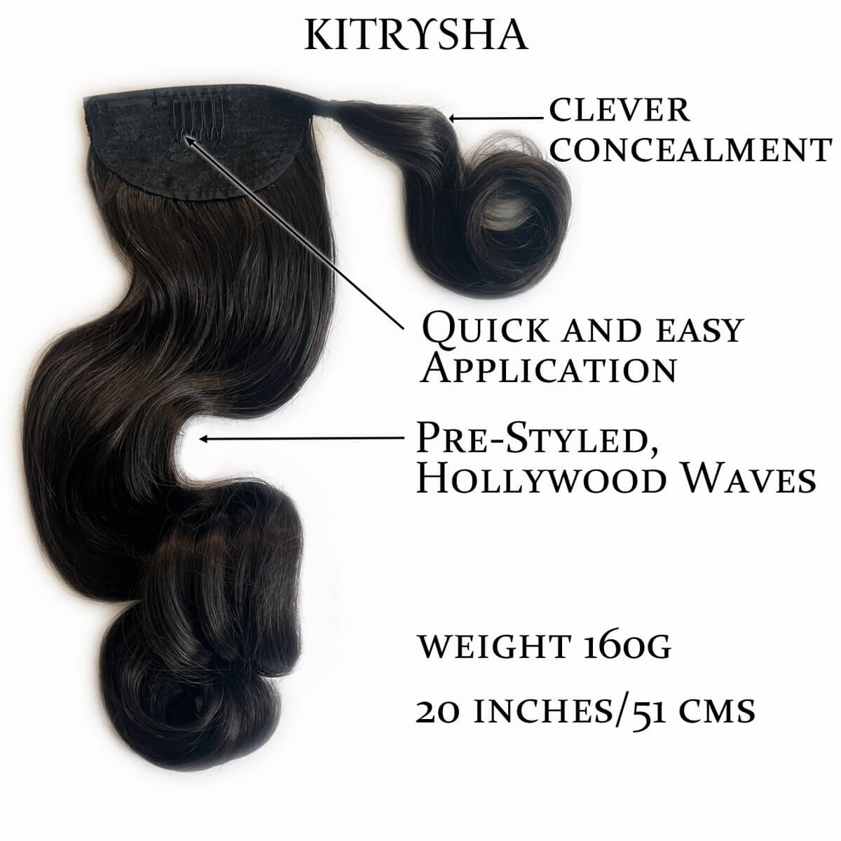 Dark brown hair extensions on a white background. Long ponytail with vintage waves: Kitrysha dark brown 4 with features labeled on a white background