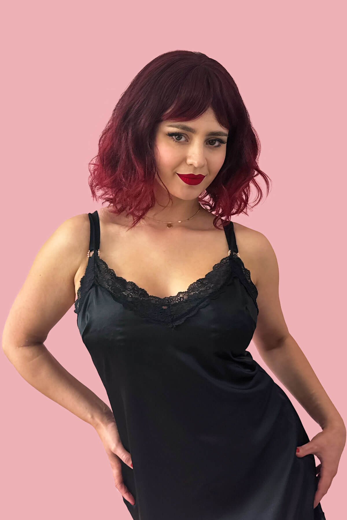 Red and black long wavy bob (lob) wig with swept fringe: Blaze 1BT39