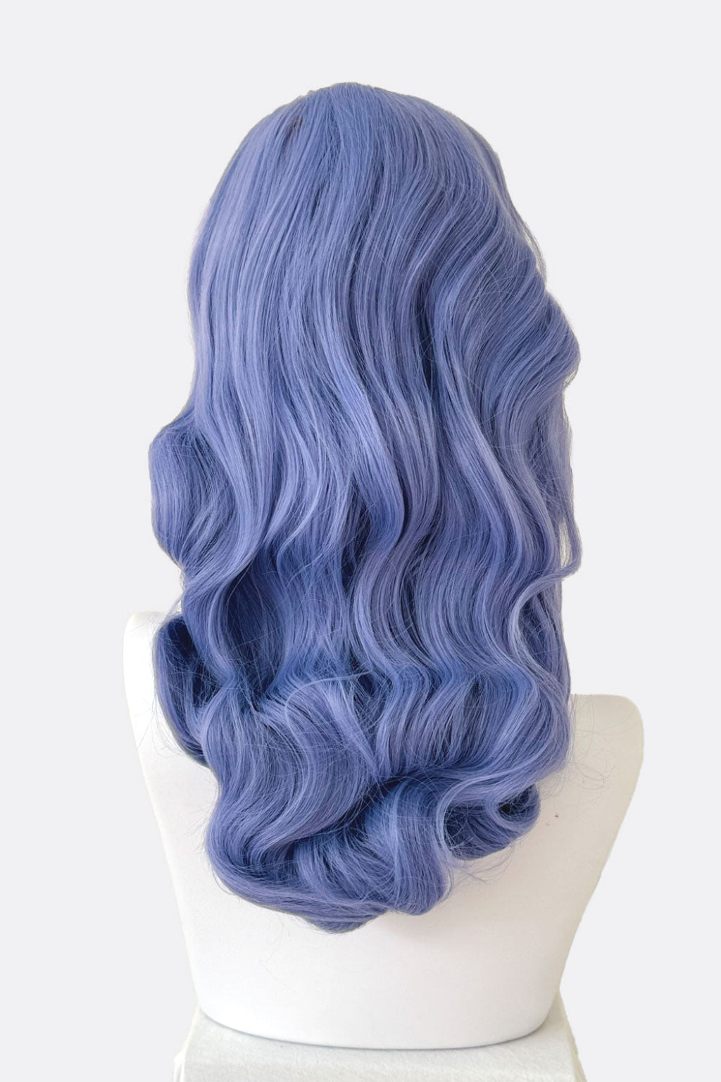 Long blue pinup style wig, curled with short fringe: Ophelia