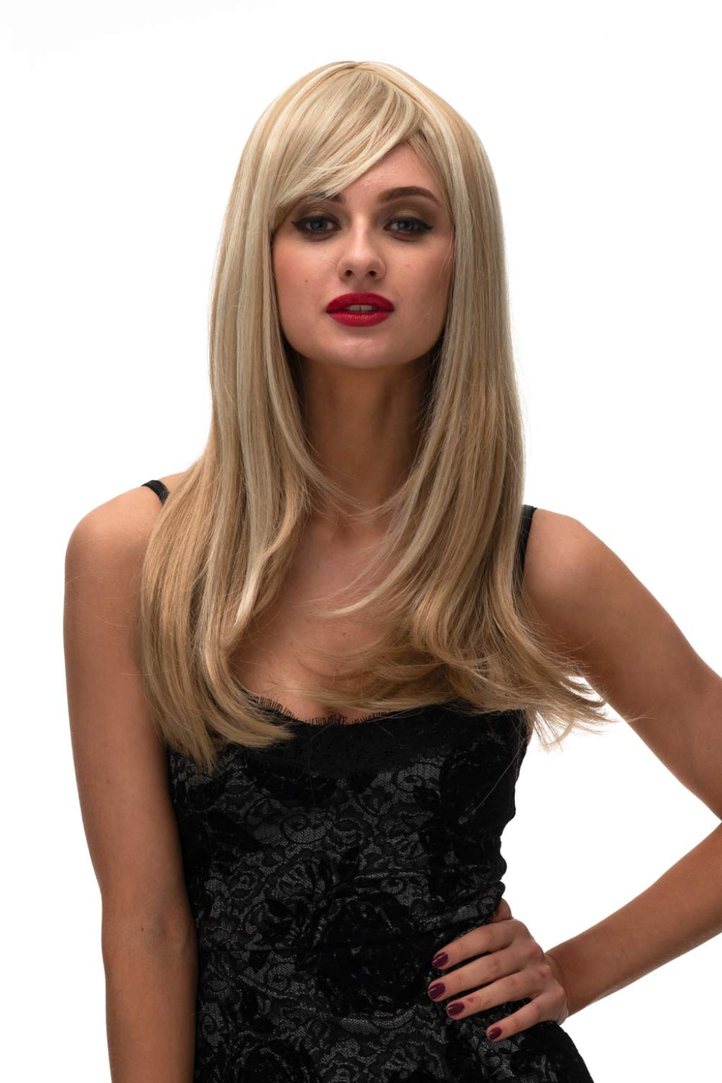 Long blonde wig, face framing with long, side-sweeping fringe: Ashley
