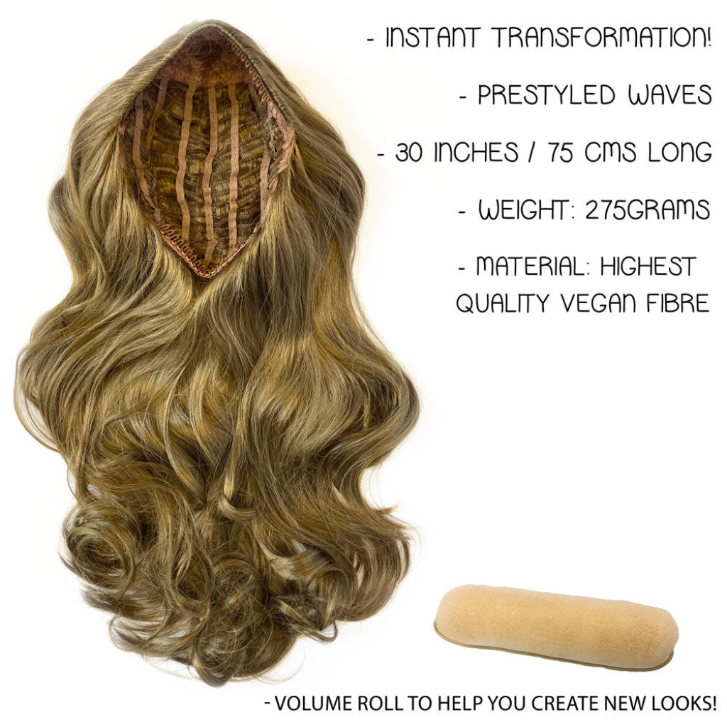 High crown long, wavy half wig and volume ring: Bardot chocolate brown 6
