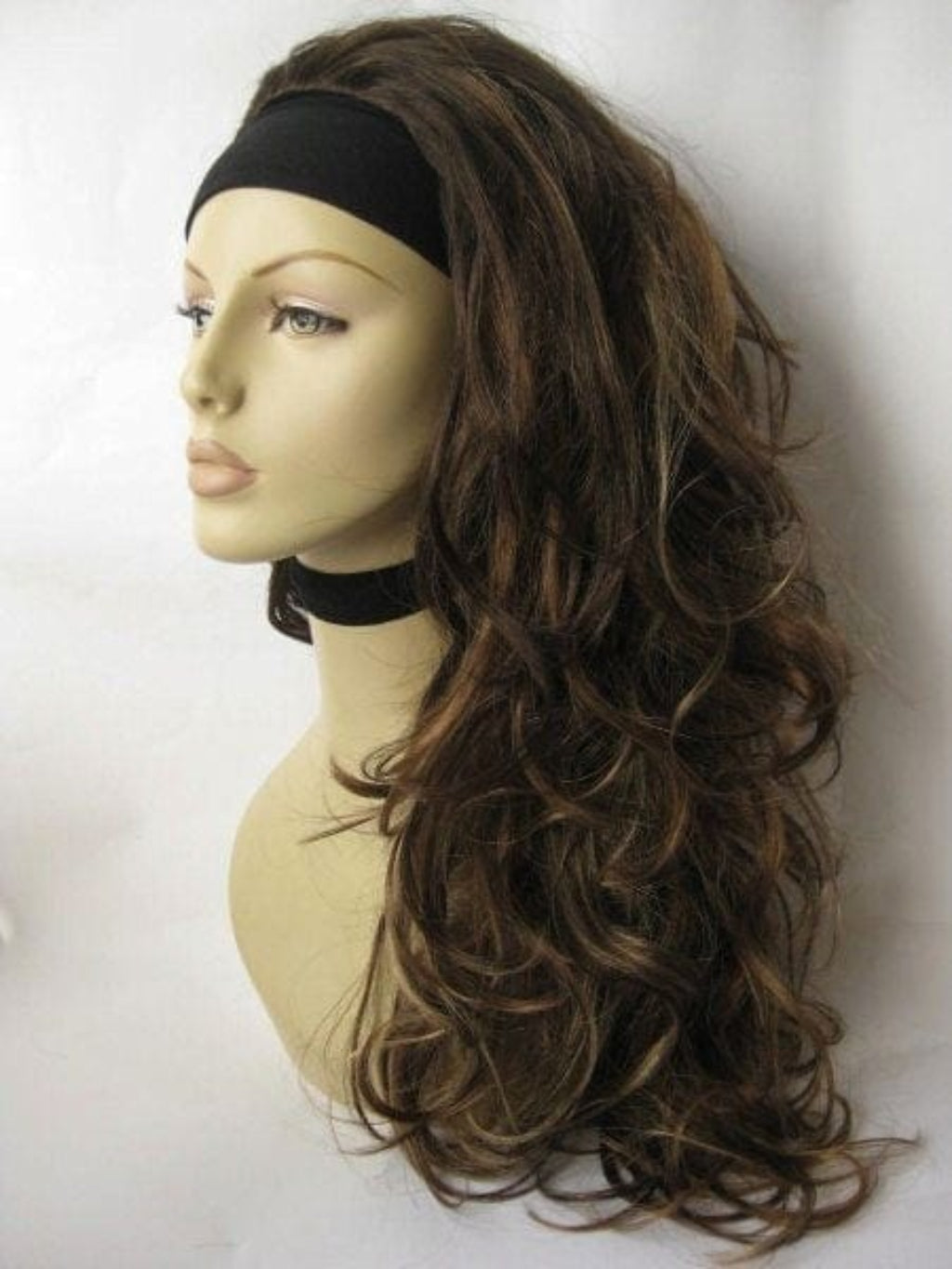 synthetic wig 3/4 hair piece brown, blonde highlights, big loose curls: Nickie