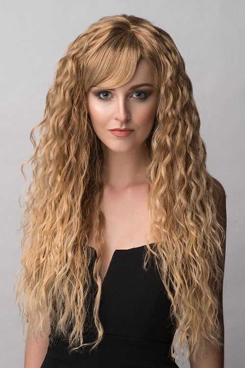 Long brown crimped wig, brown and blonde dip dye (ombre): Tiggy