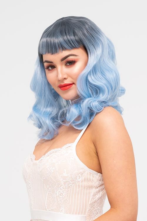 Black and blue pinup style wig, curled with short fringe: Luna AnnabellesWigs