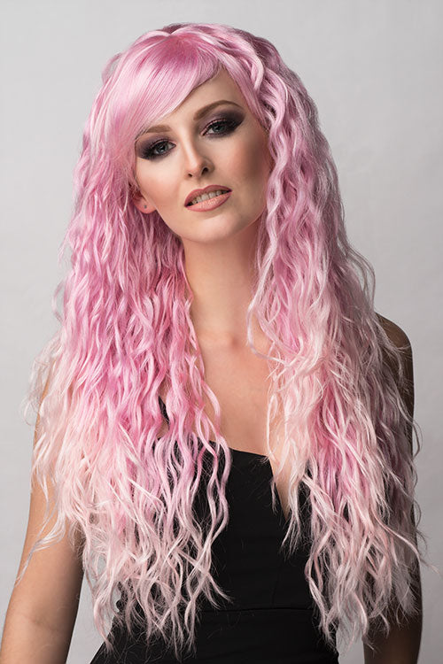 Crimped pink wig, long, in two colour pink ombre: Peony