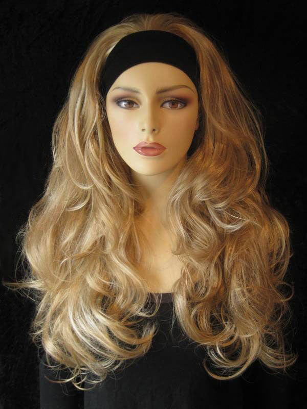 Long blonde 3/4 hairpiece (half wig), big loose curls: Zara wheatfield blonde 24H613